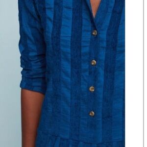Anthropologie Odells Sonia Linen Striped Drop Waist  Dress in blue